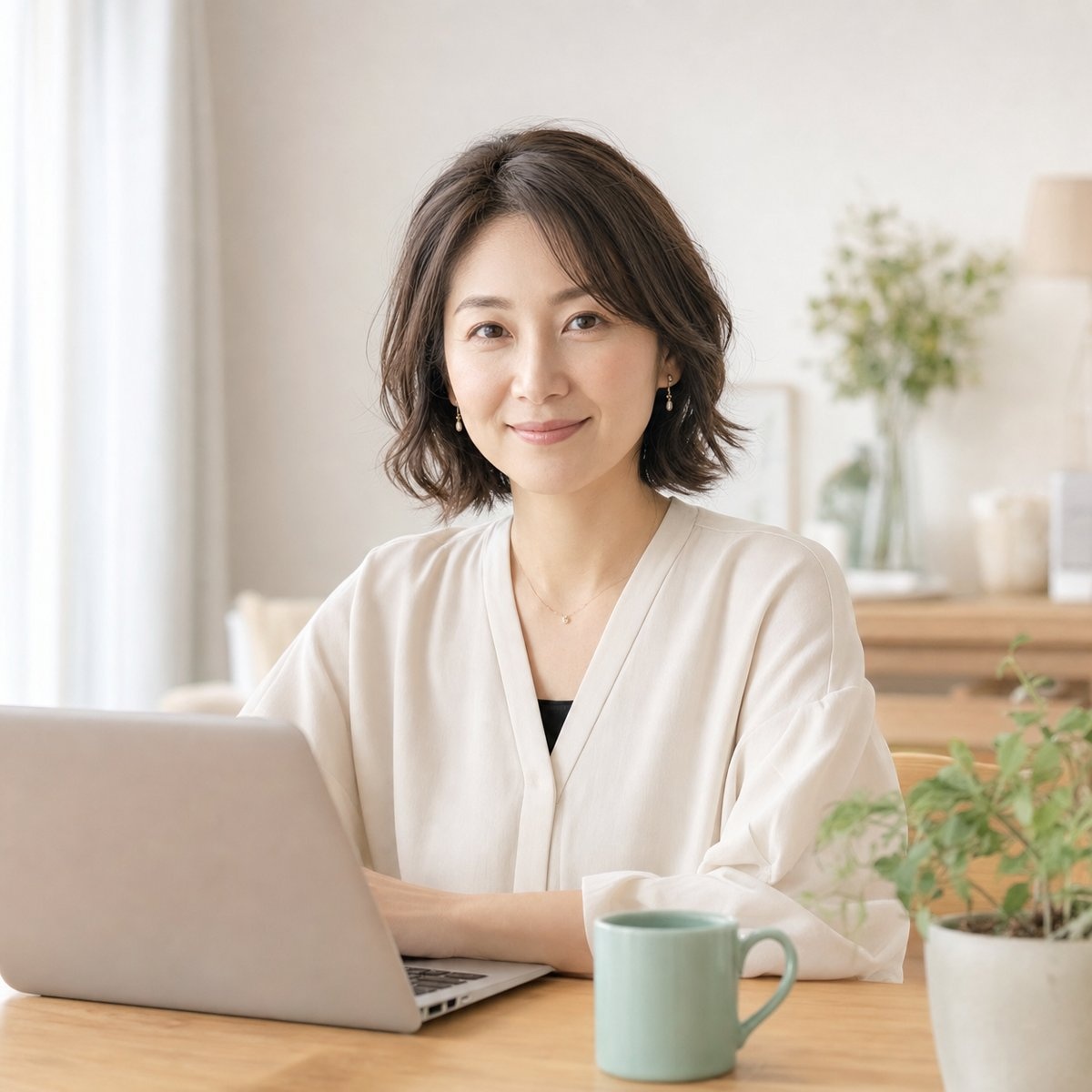 自宅のダイニングで笑顔でノートPCに向かう女性