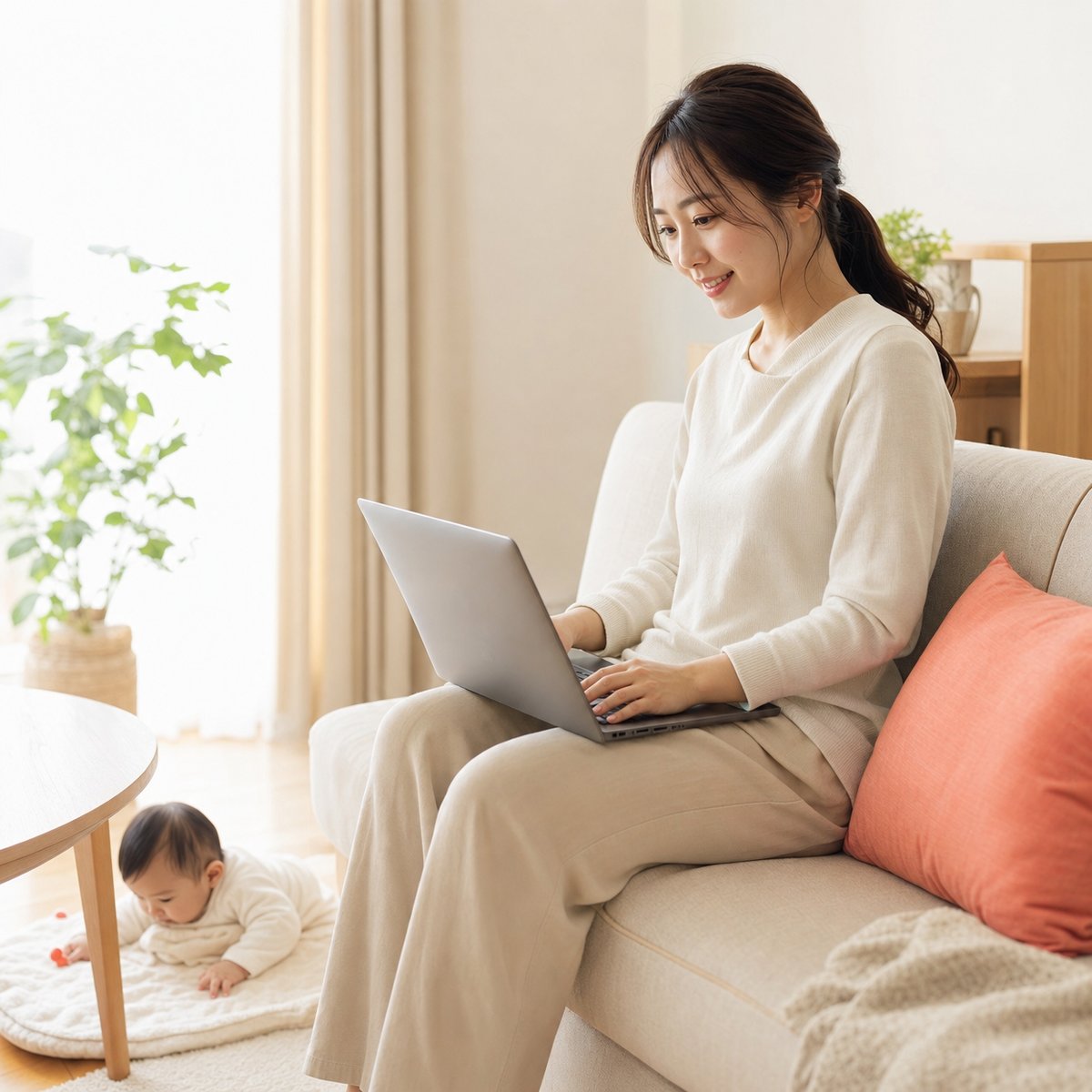 育休中に、自宅でノートPCで小さな仕事を始める女性