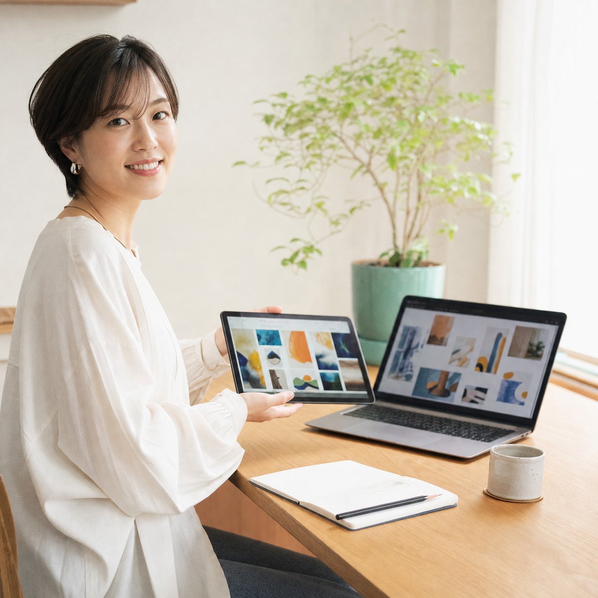 自分の作品を見せる、AIクリエイターの女性