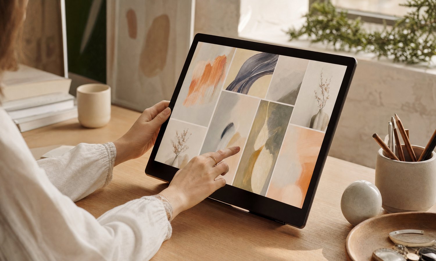 タブレットでAI画像作品を扱う様子