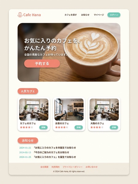 AIで作ったカフェ予約サイトの画面