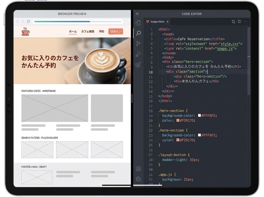 左に構築途中のカフェ予約サイト、右にコードエディタが並ぶ画面