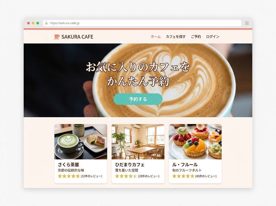 完成したカフェ予約サイトがブラウザに表示された画面