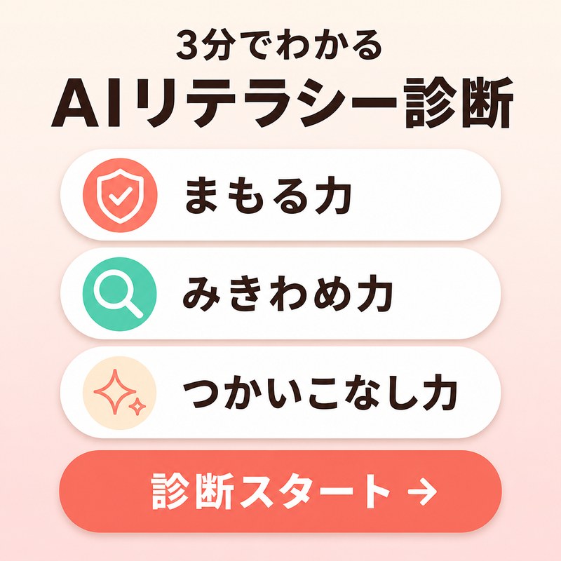3分でわかる AIリテラシー診断（まもる力・みきわめ力・つかいこなし力）診断スタート